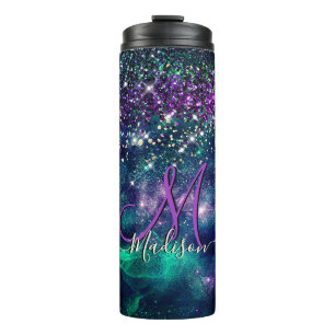donkerdonkergroene paarse faux glitter monogram thermosbeker