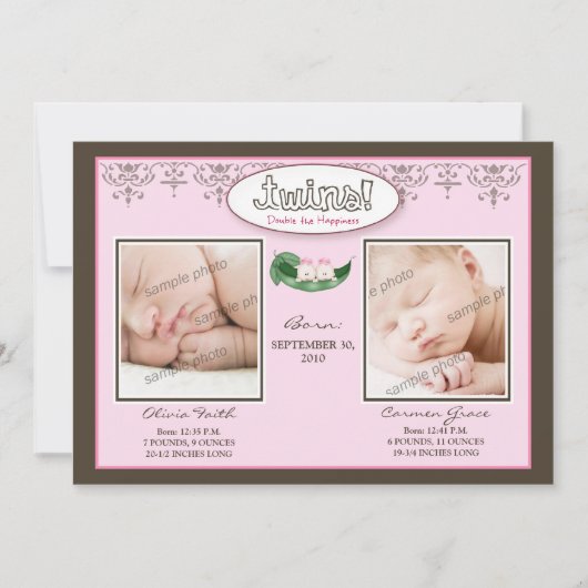 Donkere 5x7 Twin GIRLS Birth Announcement (roze) Aankondiging (Voorkant)