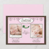 Donkere 5x7 Twin GIRLS Birth Announcement (roze) Aankondiging (Voorkant / Achterkant)