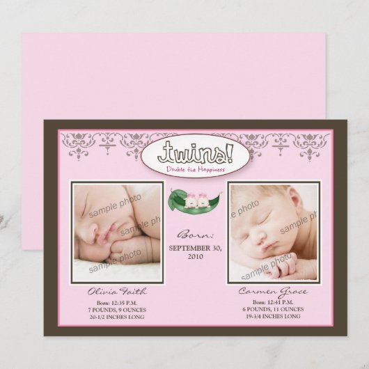 Donkere 5x7 Twin GIRLS Birth Announcement (roze) Aankondiging (Voorkant / Achterkant)