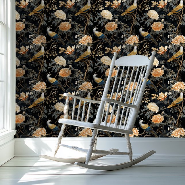 Donkere Academia Chinoiserie Style Bloemen Behang (Creator heeft geüpload)