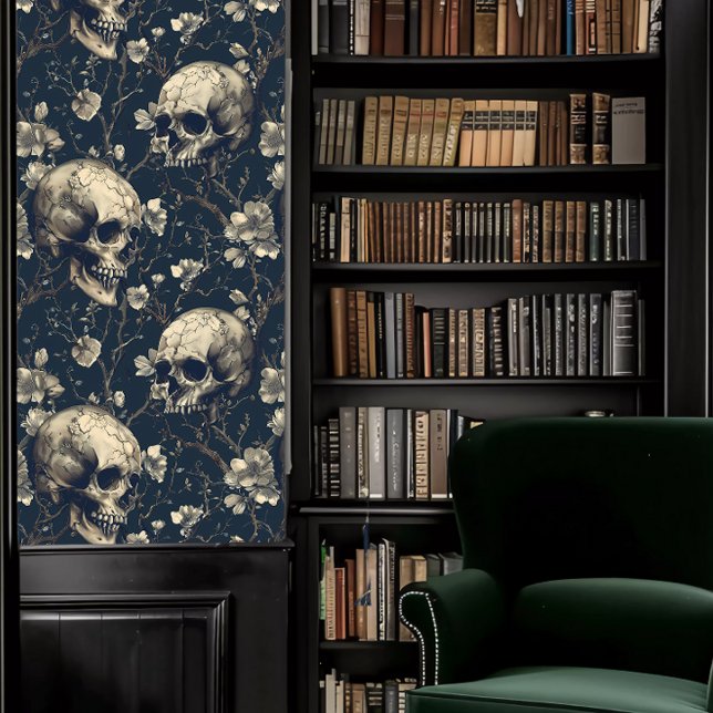 Donkere Academia Grijze Schedels Behang (Dark Academia Gray Skulls Wallpaper in a library.)