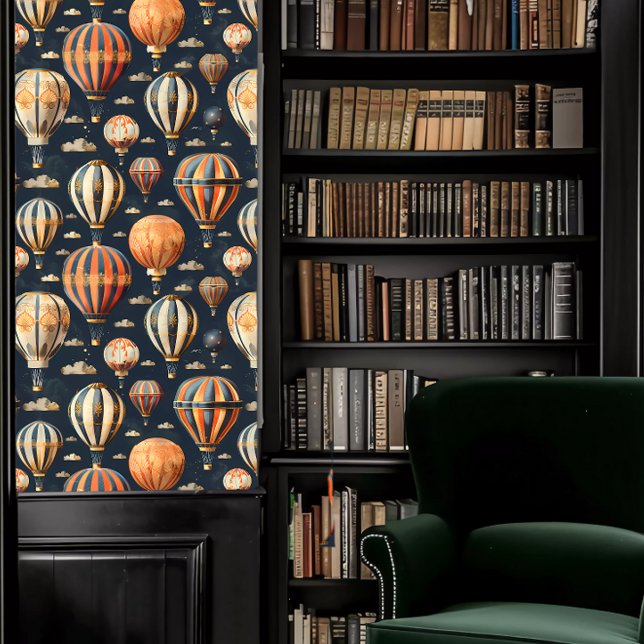 Donkere Academia Hete Luchtballonnen Behang (Dark Academia Hot Air Balloons and Clouds Wallpaper in a library.)