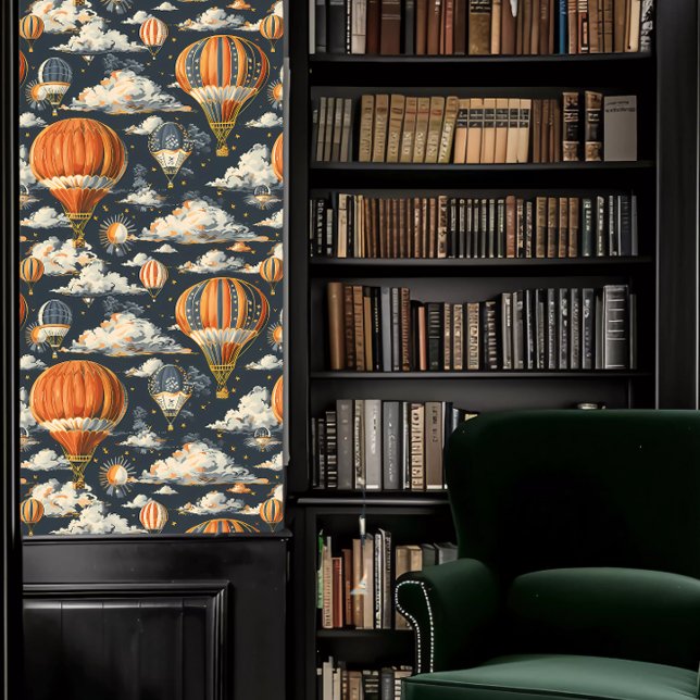 Donkere Academia Hete Luchtballonnen en Wolken Behang (Dark Academia Hot Air Balloons and Clouds Wallpaper in a library.)