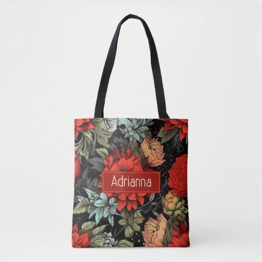Donkere Academia Maximalist Red Dahlia Bloemen Tote Bag (Voorkant)
