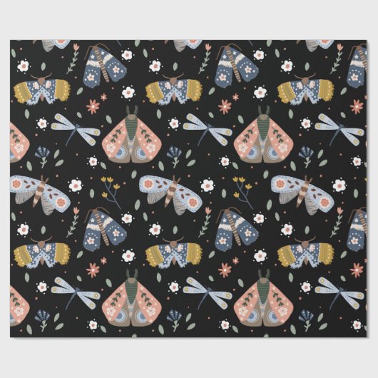 Donkere Academia Moth Floral in het zwart Cadeaupapier (Vlak)
