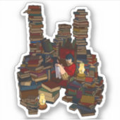 Donkere Academia Red Brown Illustration Girl Books Sticker (Voorkant)