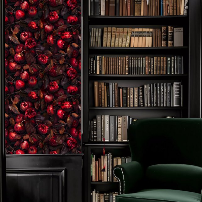 Donkere Academia Rotting Pruimen Fruit Behang (Dark Academia Rotting Plums Fruit Wallpaper in a library.)