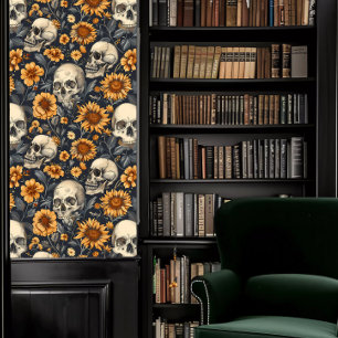 Donkere Academia Skulls met Gele Bloemen Behang