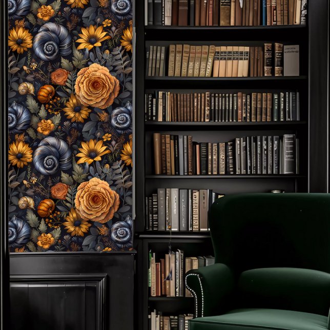 Donkere Academia Slakken met Blauwe & Perzik Bloem Behang (Dark Academia Snails with Blue & Peach Flowers Wallpaper in a library.)