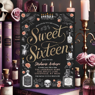 Donkere Academische Bloemige Sweet Sixteen Verjaar Kaart