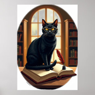 Donkere Academische Kat Boekenwurm Lezer Bril Leer Poster