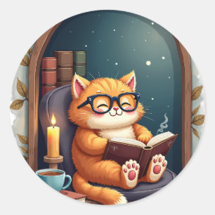 Donkere Academische Kat Leeshoek Vintage Boeken Ko Ronde Sticker