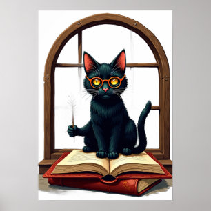 Donkere Academische Kat Lezer Boekenwurm Sticker V Poster
