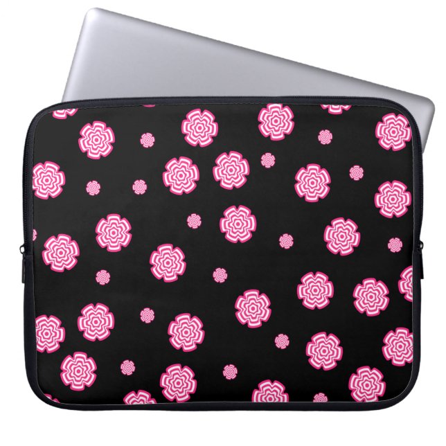 Donkere achtergrond heldere gestileerde roze bloem laptop sleeve (Voorkant)