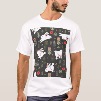 Donkere achtergrond, witte konijnen, bloemige vint t-shirt