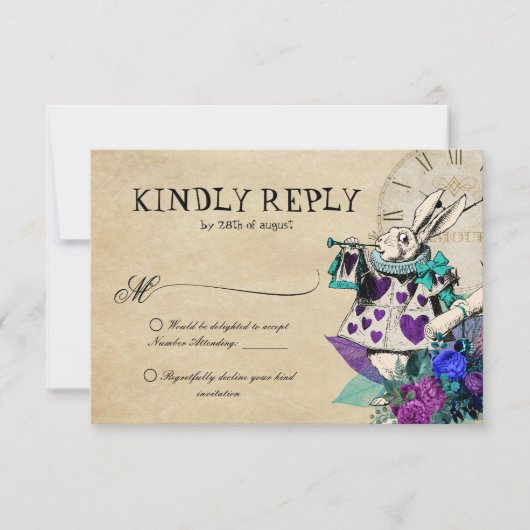  Donkere Alice in Wonderland Wedding RSVP Kaartje (Voorkant)