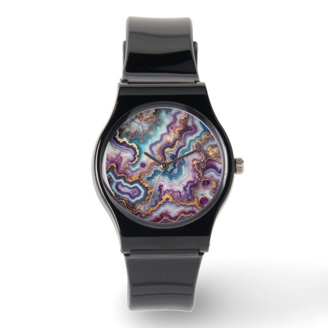 Donkere Amethist Paarse Blauwgroen Blauw Goud Marm Horloge (Voorkant)