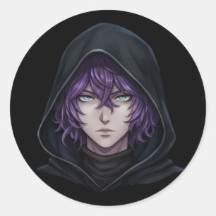 Donkere Anime Jongen met Paarse Haren in Motorkapt Ronde Sticker