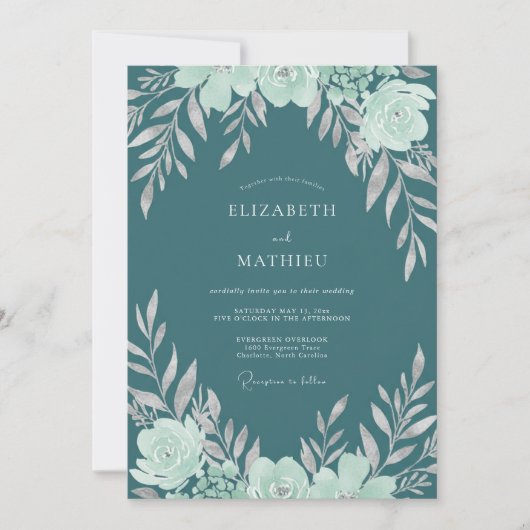 Donkere Aqua Ranunculus Eucalyptus Bruiloft Kaart (Voorkant)