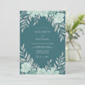 Donkere Aqua Ranunculus Eucalyptus Bruiloft Kaart (Staand voorkant)