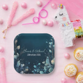 Donkere Aquamarijn en Blauwgroen Blauwe Bloemenbru Papieren Bordje (Feest)