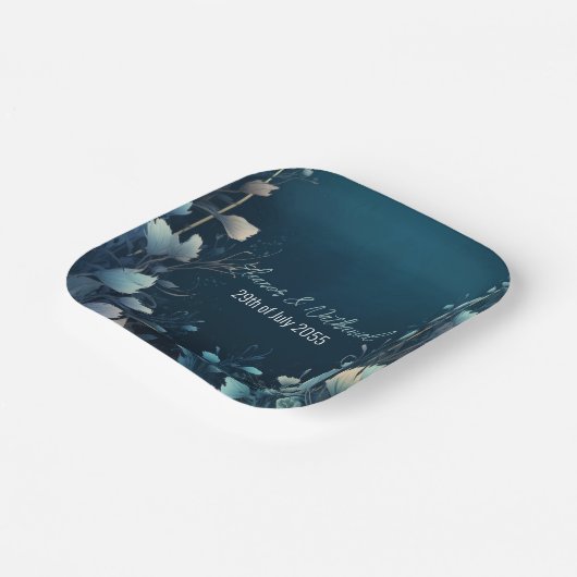 Donkere Aquamarijn en Blauwgroen Blauwe Bloemenbru Papieren Bordje (Gebogen)