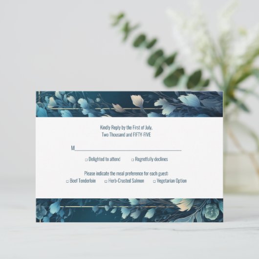 Donkere Aquamarijn en Blauwgroen Blauwe Bloemenbru RSVP Kaartje (Staand voorkant)