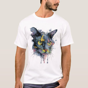 Donkere Aquarel Kattengezicht Neon Ogen Kunst T-shirt