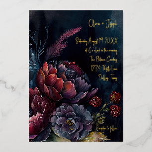 Donkere Aquarel Stemming Bloemige Trouwdag Folie Uitnodiging