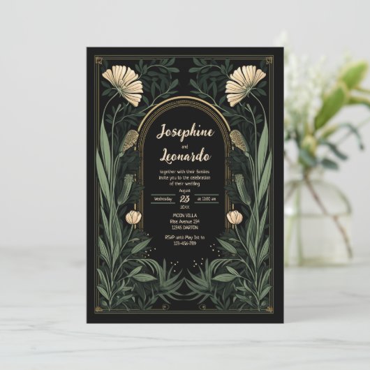 Donkere Art Nouveau Botanische Huwelijksuitnodigin Kaart (Staand voorkant)