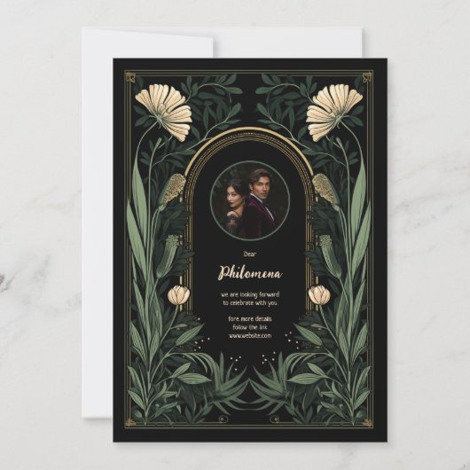 Donkere Art Nouveau Botanische Huwelijksuitnodigin Kaart (Achterkant)