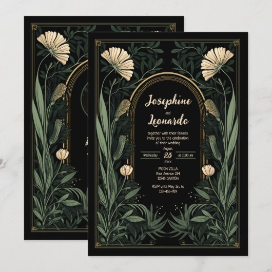 Donkere Art Nouveau Botanische Huwelijksuitnodigin Kaart (Voorkant / Achterkant)