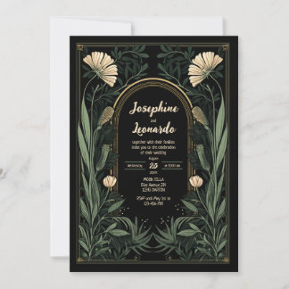 Donkere Art Nouveau Botanische Huwelijksuitnodigin Kaart