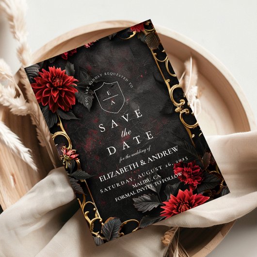 Donkere barokke bloemenbruiloft save the date