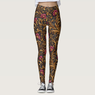 Donkere barokke bloemmotief met gouden krullen leggings