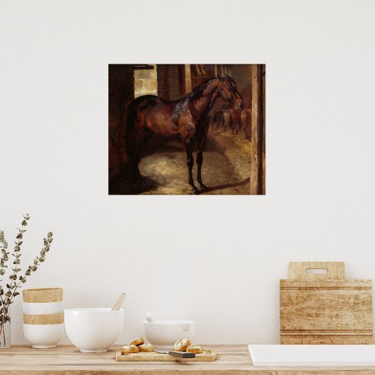 Donkere Bay Horse in de stal Poster (Keuken)
