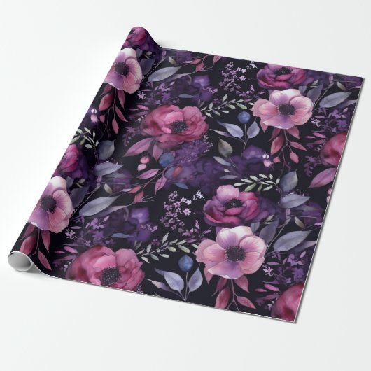 Donkere Betovering Roze & Paarse Anemone Decoupage Cadeaupapier (Uitgerold)