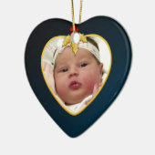 Donkere blauwe foto van baby, kersthart keepasje keramisch ornament (Links)