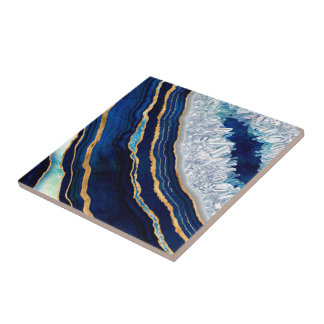 Donkere blauwe geode en gouden digitale kunst tegeltje