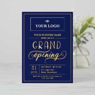 Donkere Blauwe & Gouden Grote Logo Grand Opening Folie Uitnodiging