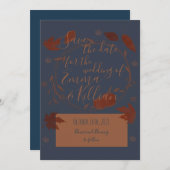 Donkere blauwe herfstpompoenen en bladeren save the date (Voorkant / Achterkant)