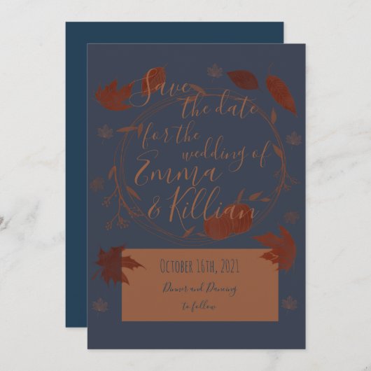 Donkere blauwe herfstpompoenen en bladeren save the date (Voorkant / Achterkant)