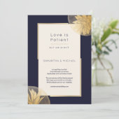 Donkere blauwe kleine gedownsized weddenschap is p save the date (Staand voorkant)