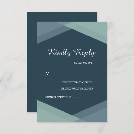 Donkere blauwe Mint Geometric Modern Wedding RSVP Kaart (Voorkant / Achterkant)