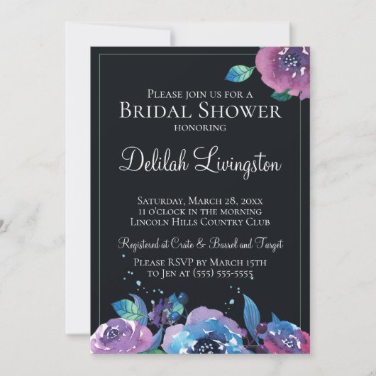 Donkere Blauwe Paarse Schemer Bloemrijke Bruiloft  Kaart (Voorkant)