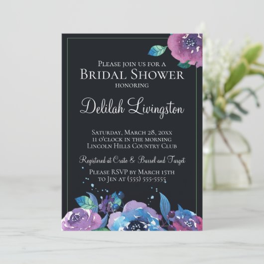 Donkere Blauwe Paarse Schemer Bloemrijke Bruiloft  Kaart (Staand voorkant)