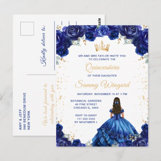 Donkere Blauwe Prinses Bloemige Quinceañera Briefkaart (Voorkant / Achterkant)