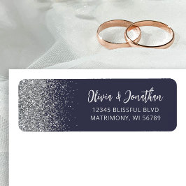 Donkere Blauwe Zilveren Glitter Trouwadres Etiket