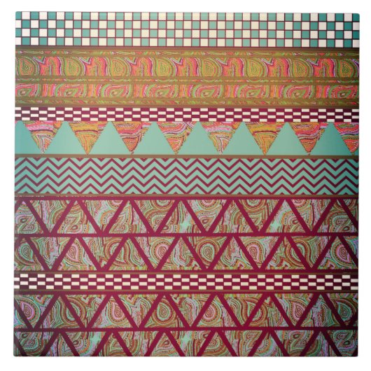Donkere Blauwgroen Amber Boho Tribal Stripes Patro Tegeltje (Voorkant)